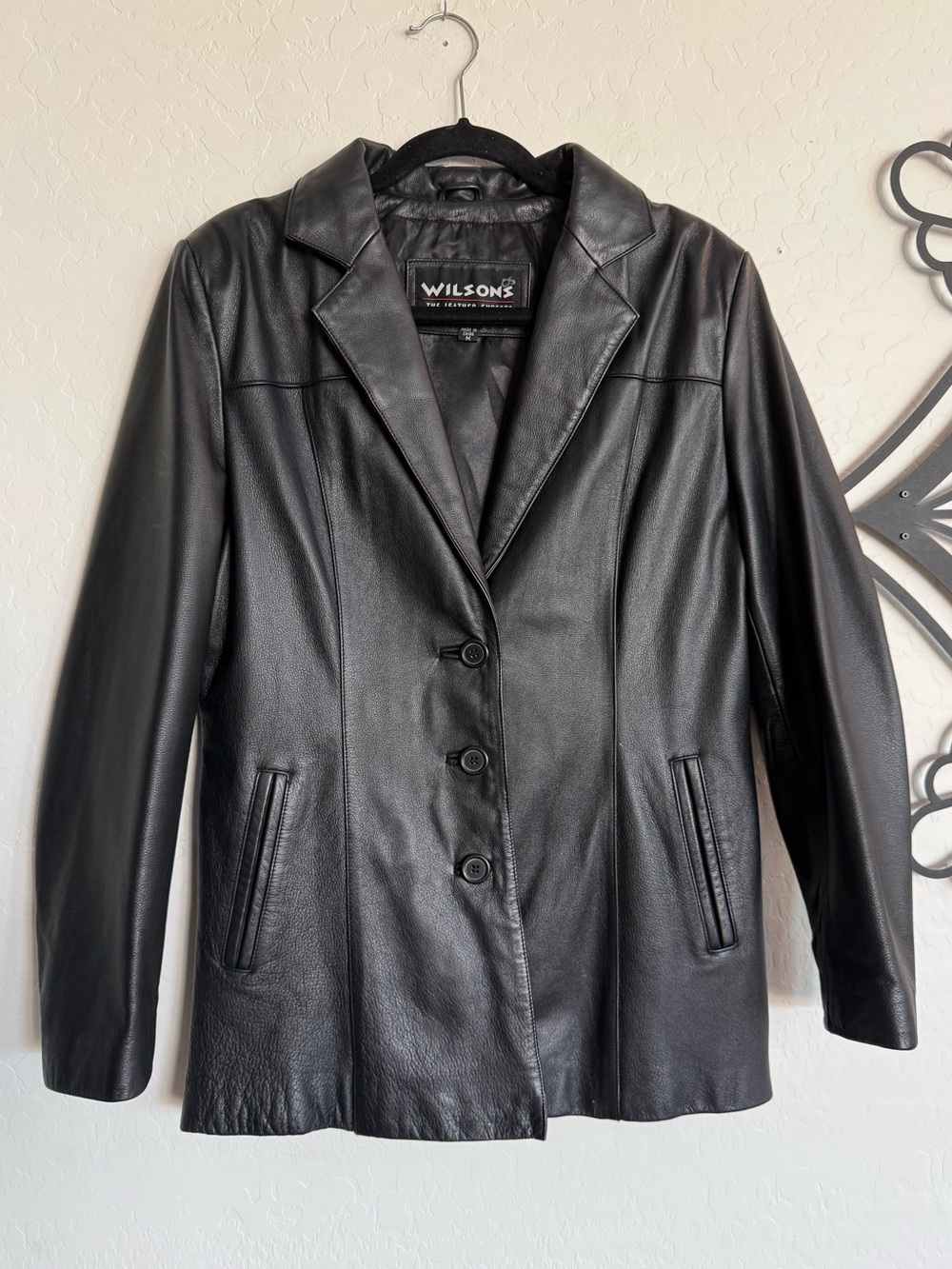 WILSONS Vintage Black Genuine Leather 3-Button Blazer Jacket Medium Like New